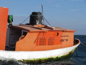 Guard boat for ocean monitoring buoy in Parachique, Sechura Bay.