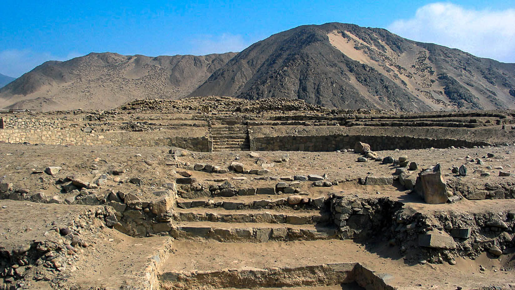 Temple of the Amphitheatre Photo in Caral, Peru.