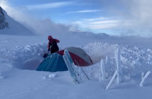 Shoveling camp out - Begguya summit plateau.