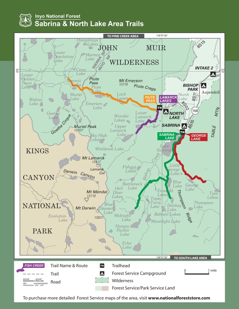 Map of Inyo National Park with trail to Baboon Lakes highlighted.