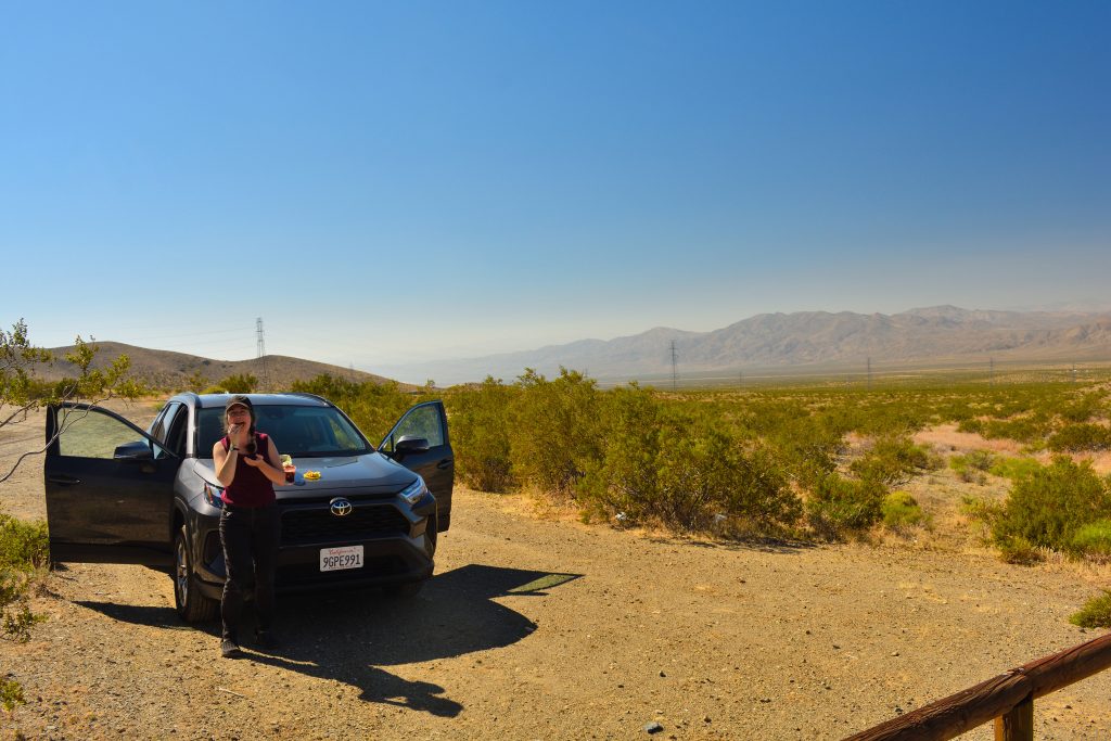 FIeldcrew enjoying snack on the drive throuogh Mojave Desert.