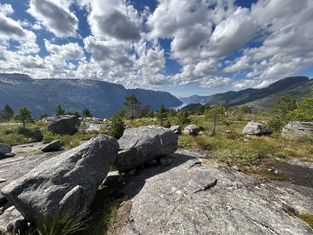 Photo of Lysefjord erratic boulders near Songesand, Norway.