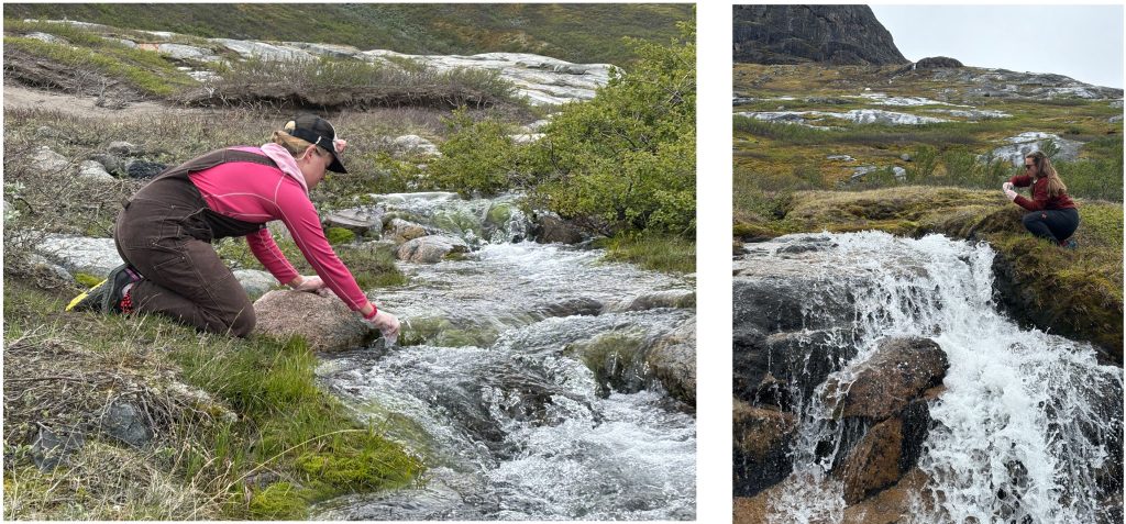 Field team members sampling water in Southern Greenland.