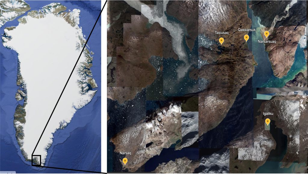 Map of Greenland with field site & sampling locations highlighted.