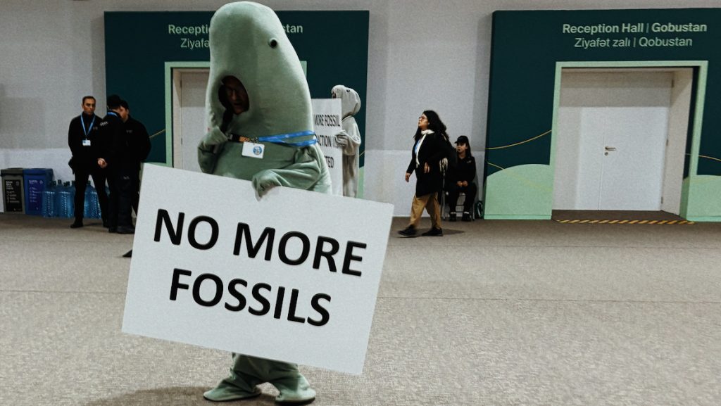 A photo of a person in an animal costume holding a sign that reads "No More Fossils"