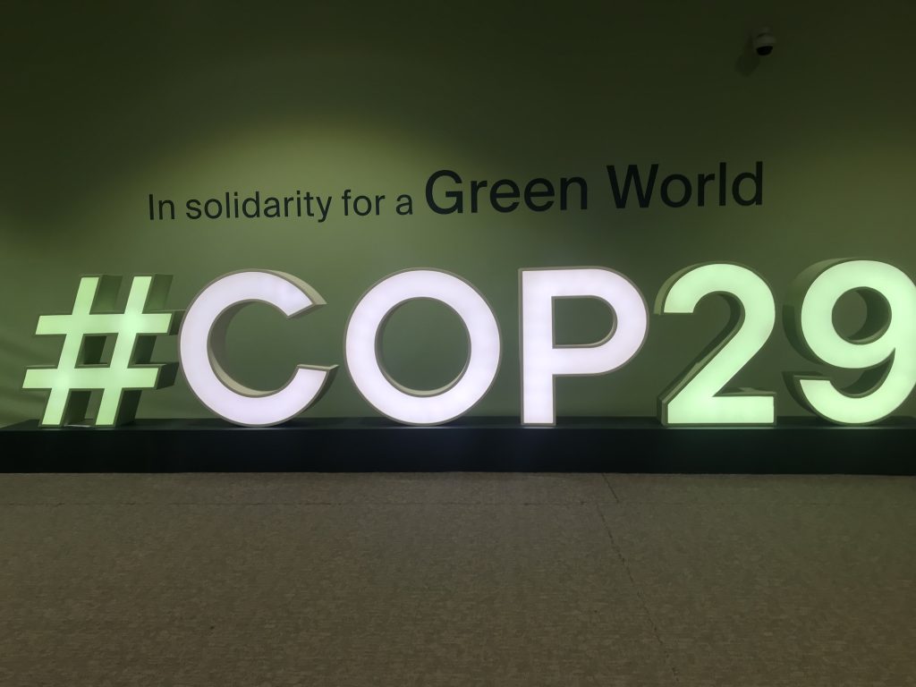 A photo of the COP29 sign inside