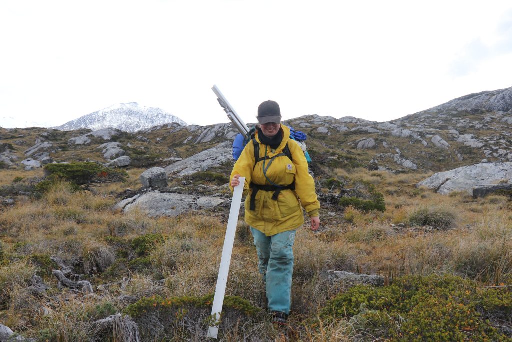 Meghan Spoth carrying scientific equipment into the field.