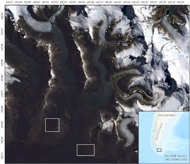 Map identifying the research location of Bahia Pia, Chile.