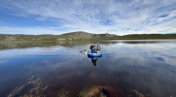 Researchers sample a lake near Kangerlussuaq, Greenland, that browned after the extreme events.