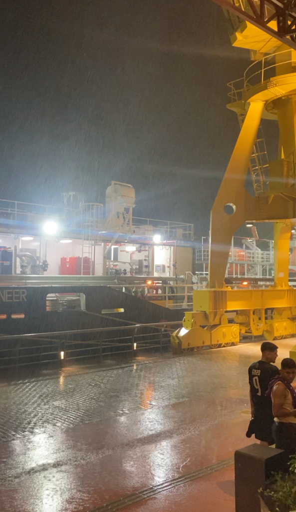 An evening rainstorm at Estação das Docas in Belém, Brazil